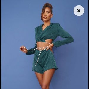 Emerald Green Satin Lapel Detail Diamante Waist Tie Romper